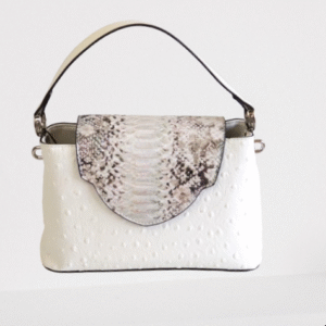 White Ostrich-Effect Handbag with Snake-Print Flap