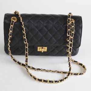 Quilted Black Caviar Leather Style Chain Crossbody Bag